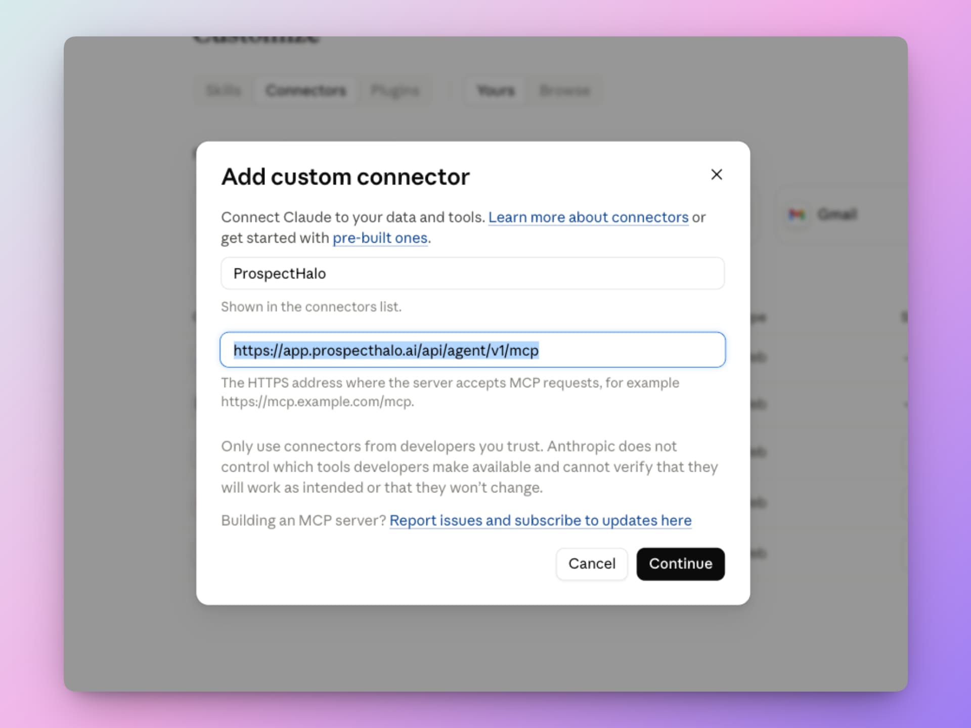 Claude custom connector form with ProspectHalo and its public connection URL