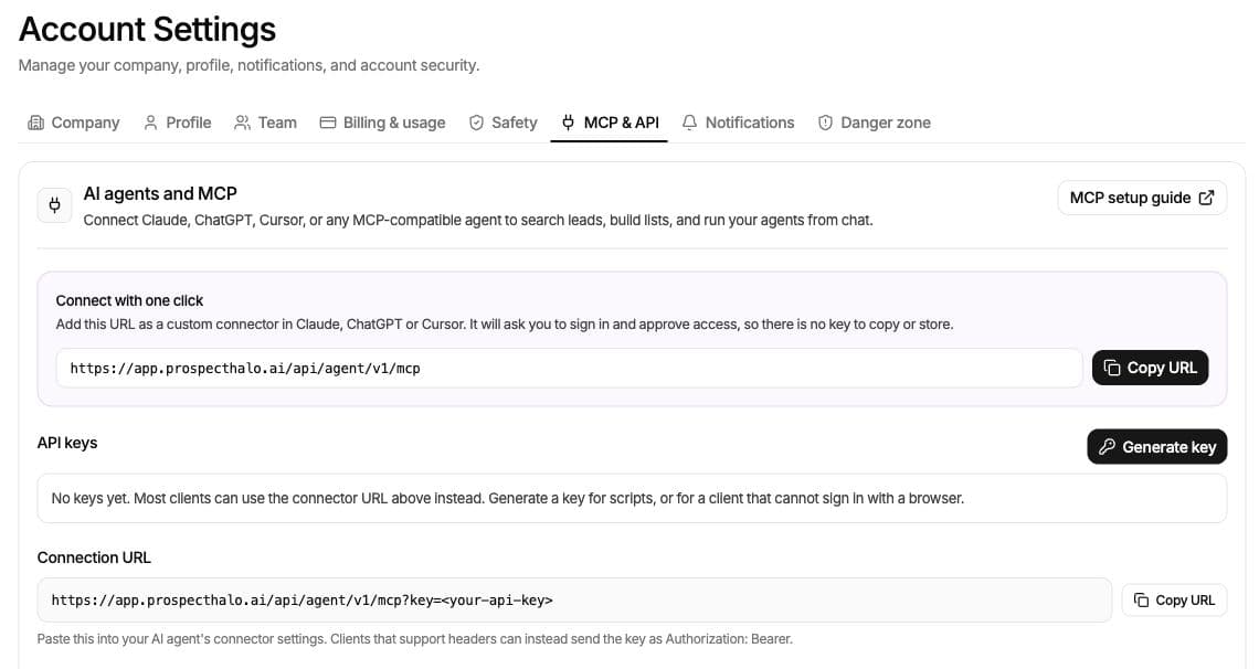 ProspectHalo MCP and API settings with the public connector URL