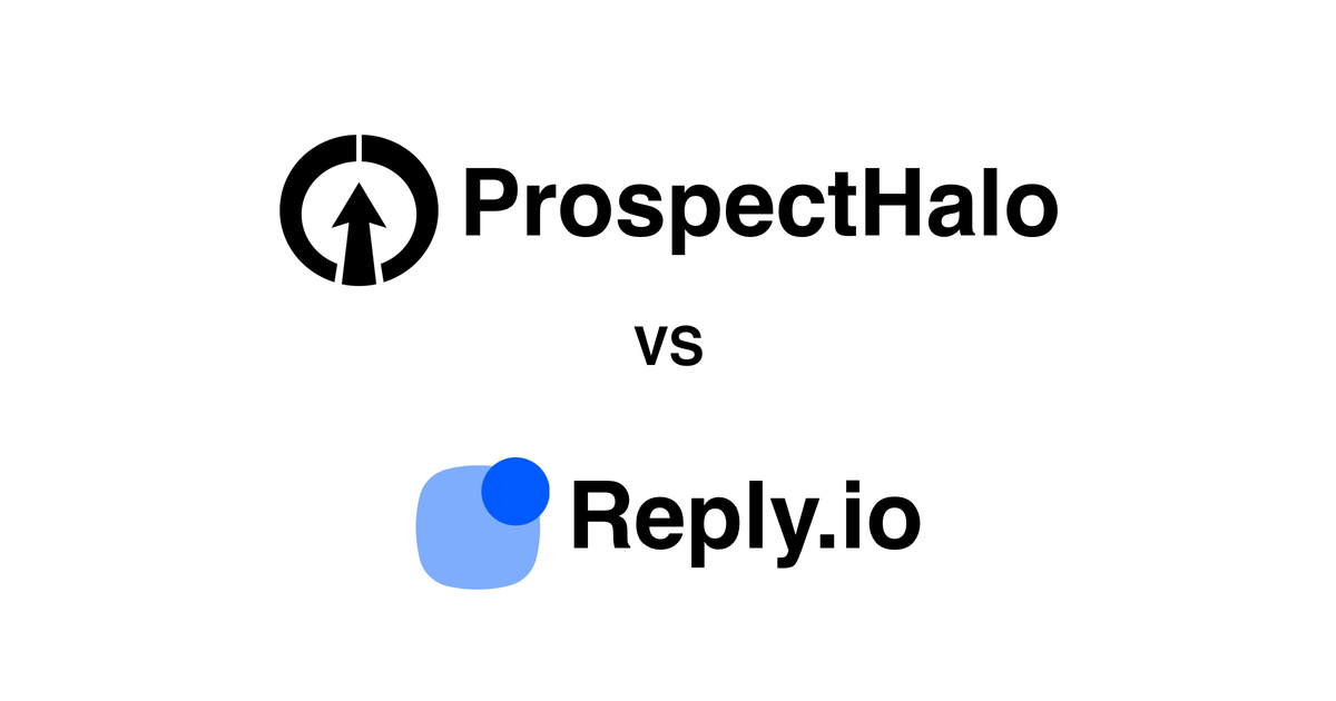 ProspectHalo logo above the Reply.io logo with VS between them