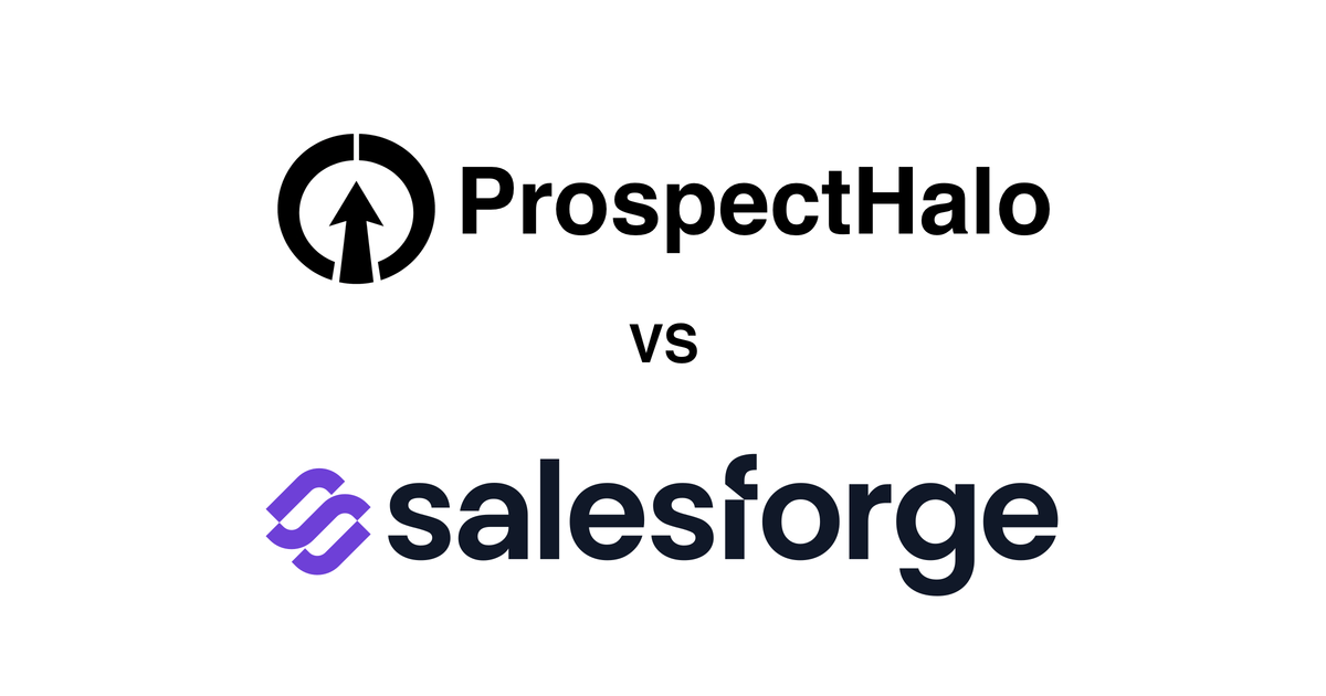 ProspectHalo logo above the Salesforge logo with VS between them