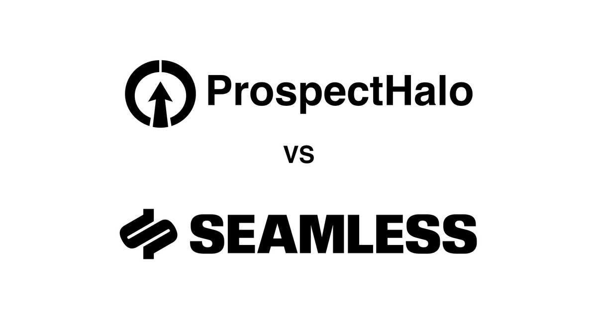 ProspectHalo logo above the Seamless.ai logo with VS between them